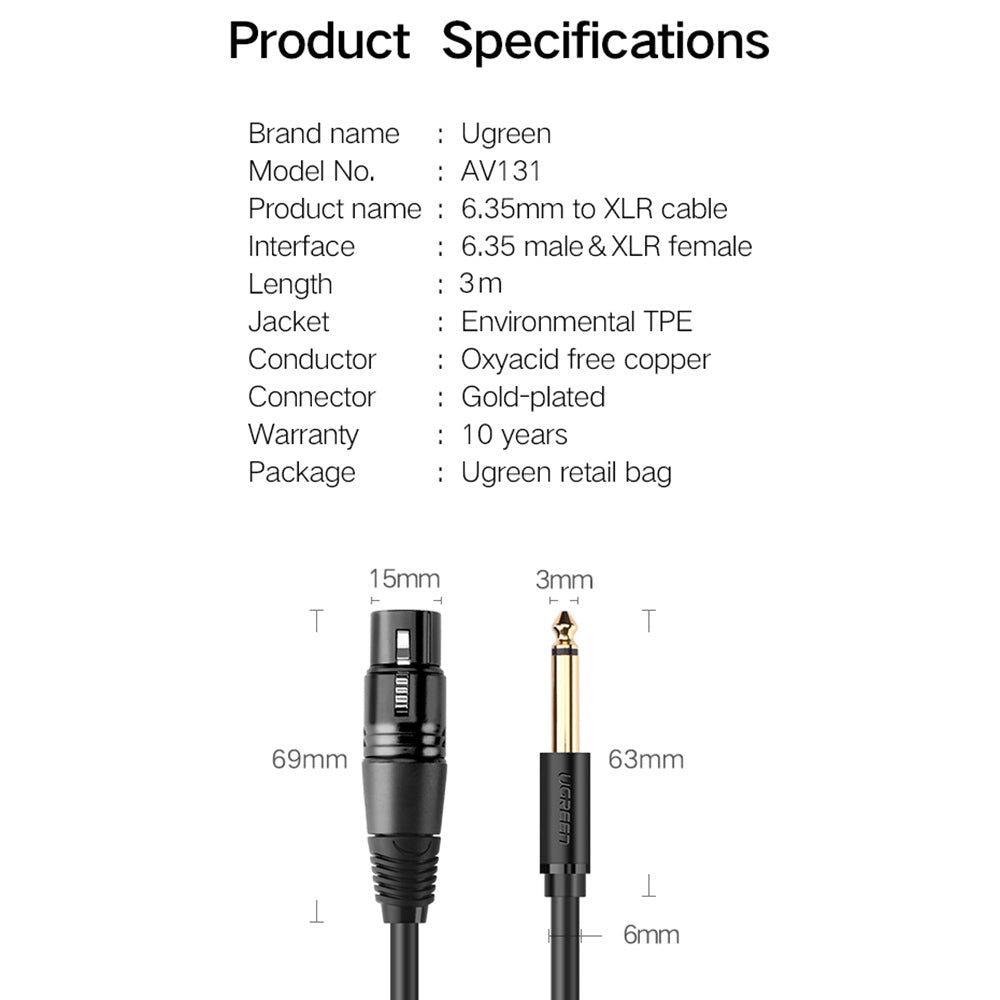 UGREEN 3m For Microphone Speakers Sound Consoles Amplifier 6.35mm TRS to Cannon XLR Audio Cable