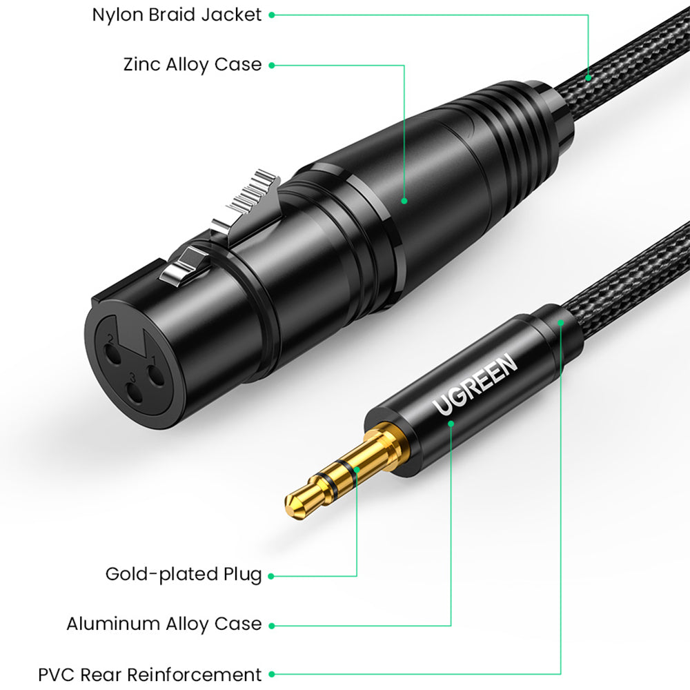 UGREEN 2m 3.5mm Male to 3 Pin XLR Female Audio Cable Nylon Braided Cord for Microphone Speakers Sound Consoles Amplifier