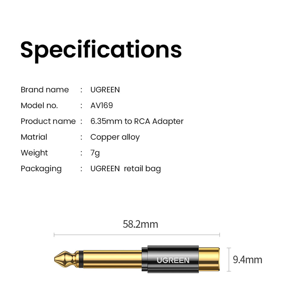 UGREEN 6.35mm 1/4" Male Mono Plug to RCA Female 6.5mm Jack Audio Stereo Adapter Connector Sound Mixer Converter