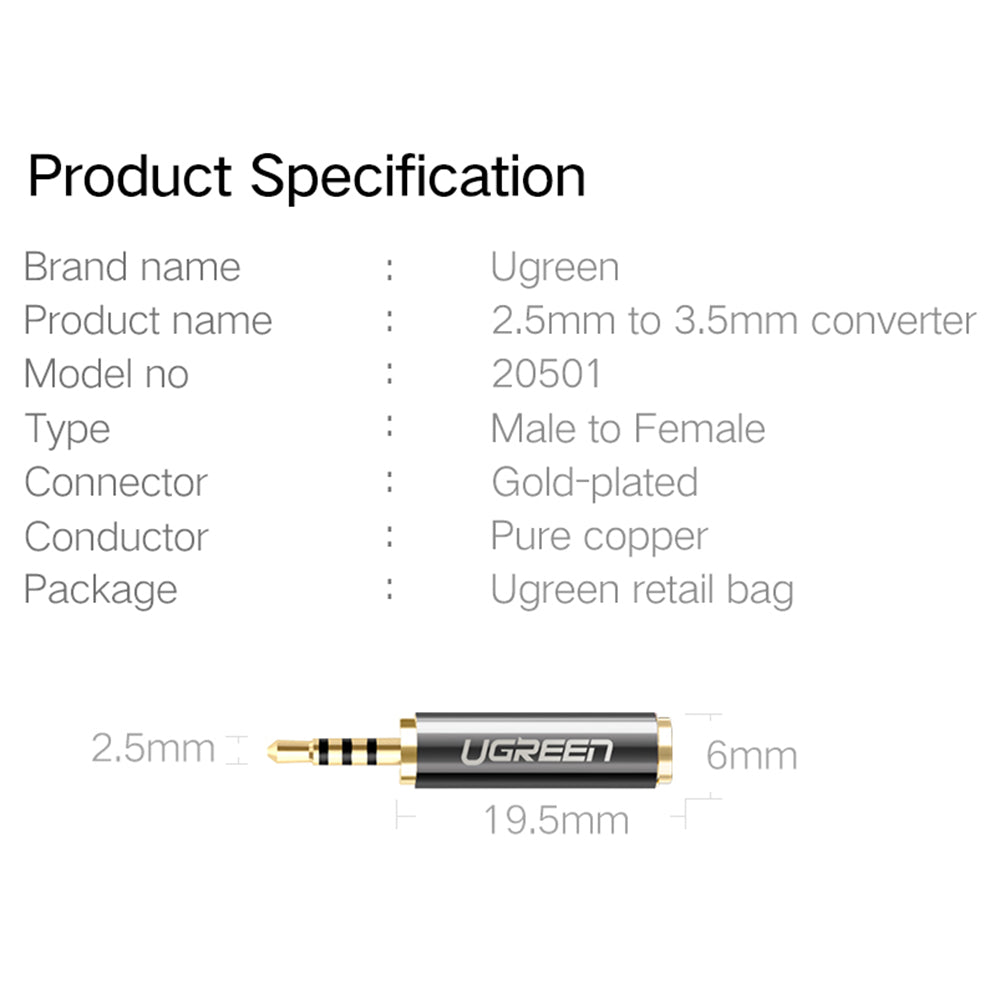 UGREEN 2.5mm Male to 3.5mm Female Stereo Audio Headphone Jack Converter Gold Plated Audio Adapter