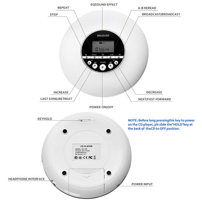 MALELEO KC-706 Round Shape Portable CD Player Battery Powered Music Player Walkman Discman with 3.5mm Jack