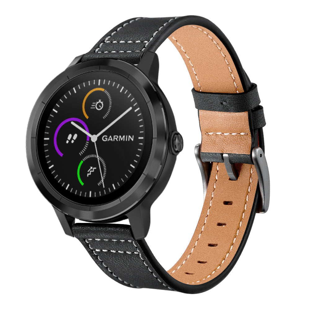 For Garmin Vivoactive 3/Vivomove HR Top-layer Cowhide Leather Silver Buckle Watch Strap 20mm