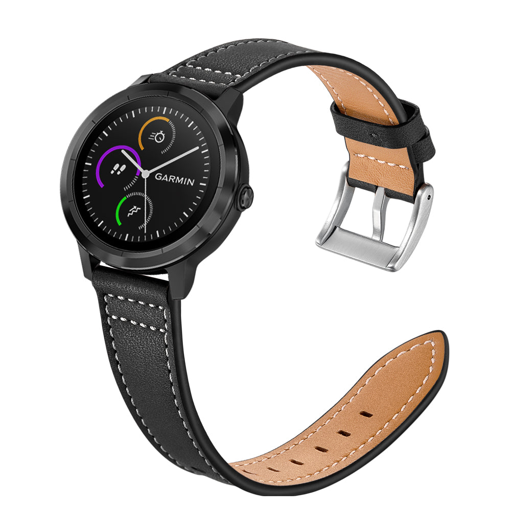 For Garmin Vivoactive 3/Vivomove HR Top-layer Cowhide Leather Silver Buckle Watch Strap 20mm