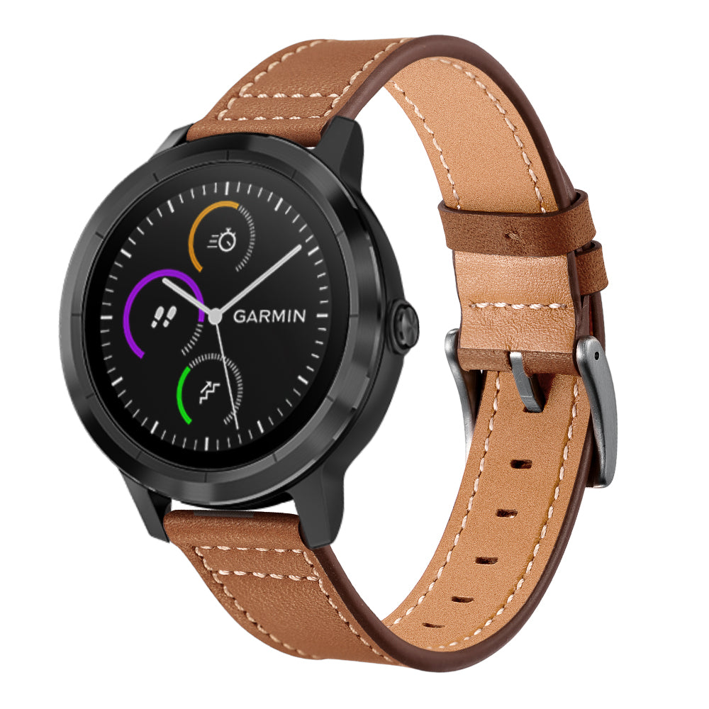 For Garmin Vivoactive 3/Vivomove HR Top-layer Cowhide Leather Silver Buckle Watch Strap 20mm