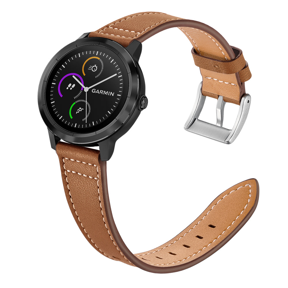 For Garmin Vivoactive 3/Vivomove HR Top-layer Cowhide Leather Silver Buckle Watch Strap 20mm