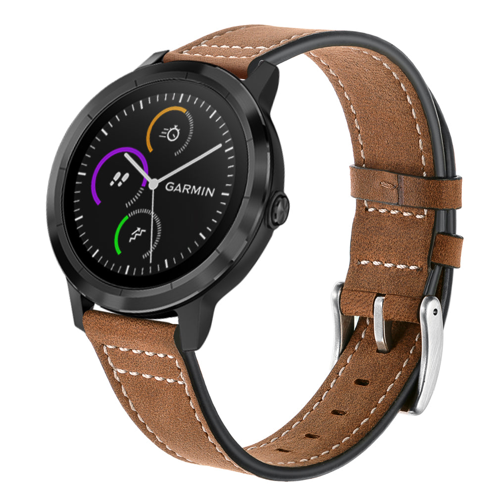 For Garmin Vivoactive 3/Vivomove HR Top-layer Cowhide Leather Silver Buckle Watch Strap 20mm