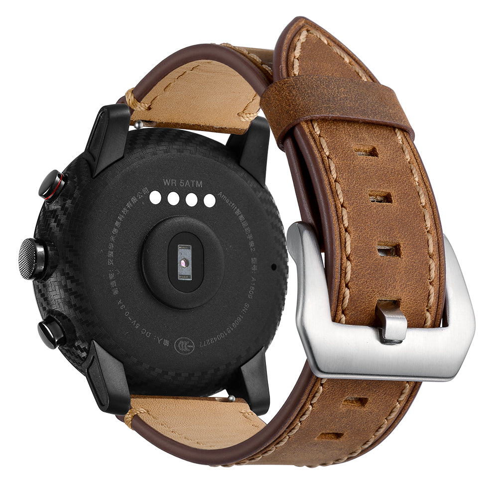 Genuine Leather Smart Watch Band for Huami Amazfit Watch 2/1 22mm- Brown