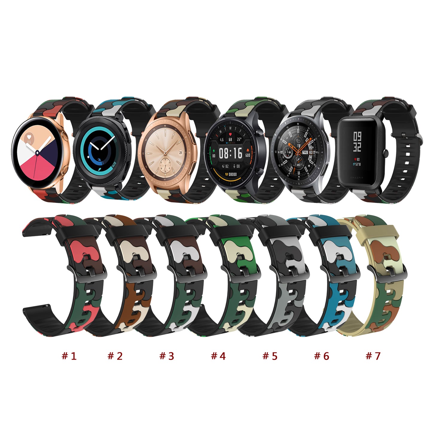 20mm Camouflage Skin Silicone Watch Band for Samsung Galaxy Watch Active1/2/Watch 42mm/Gear Sport/Huami Amazfit GTR 42mm/Bip GTS/Garmin Vivoactive 3/Move HR/Huawei Watch GT2 42mm