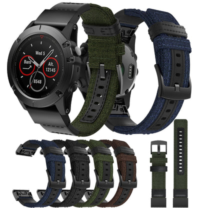 Canvas + Genuine Leather Watch Band Nylon Watch Strap for Garmin Fenix 5 Plus / Fenix 3