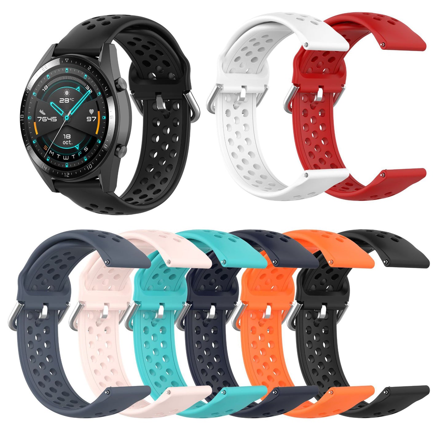 Universal 22mm Width Air Holes Silicone Watch Band Replacement for Huawei Watch 3 / 3 Pro / Samsung Amazfit Watch Etc