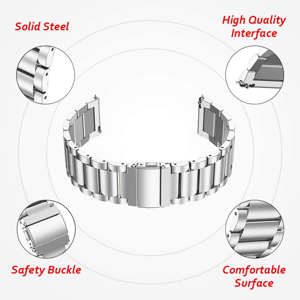 JLT 20mm Three Beads Stainless Steel Watch Band Flat Buckles Quick Release Watch Strap Replacement for Samsung Galaxy Watch4 44mm / 40mm / Watch4 Classic 46mm / 42mm