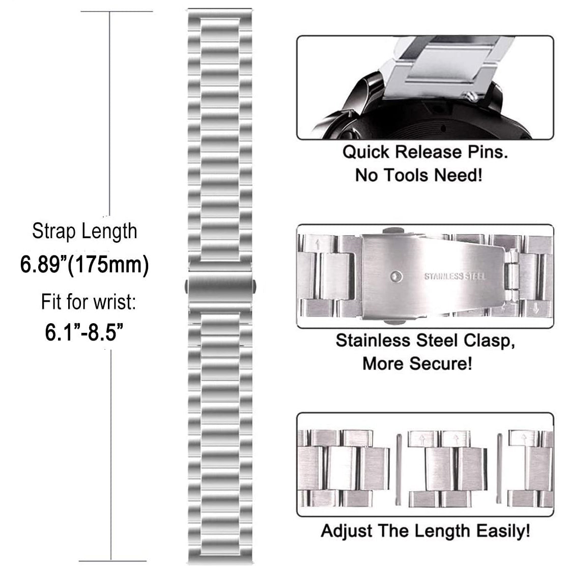 JLT 22mm Three Beads Stainless Steel Watch Band Metal Heavy Watch Flat Bracelets Strap for Samsung Galaxy Watch3 45mm