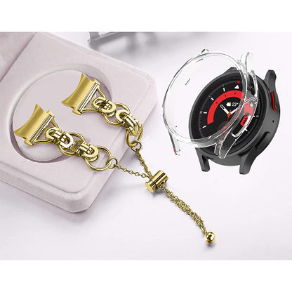 For Samsung Galaxy Watch 5 40mm Stainless Steel Watch Band Bead Decor Bracelet Replacement Strap with PC Protective Case