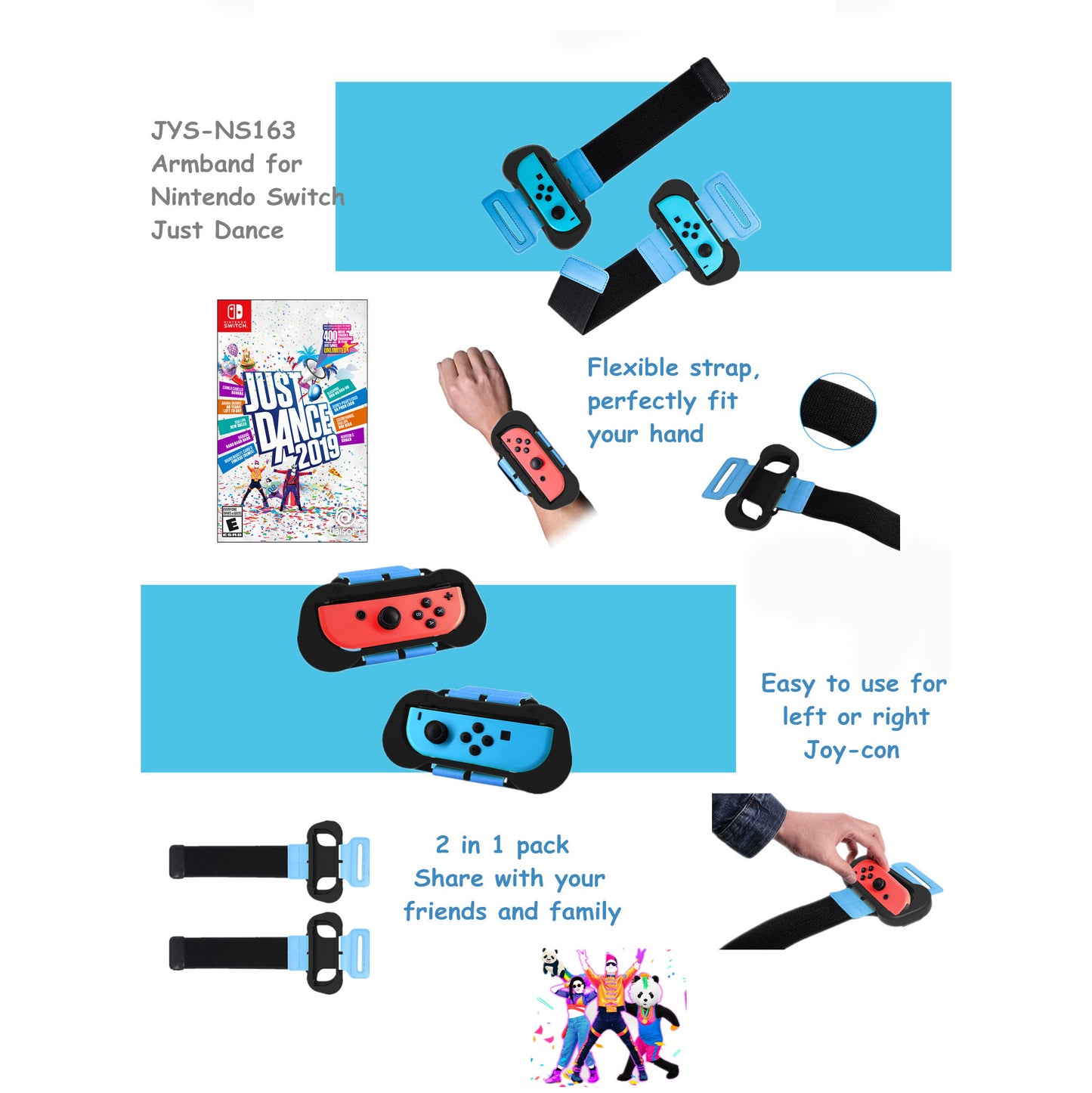 One Pair JYS-NS163 Adjustable Wrist Bands for Nintendo Switch Joy-Cons Just Dance 2019