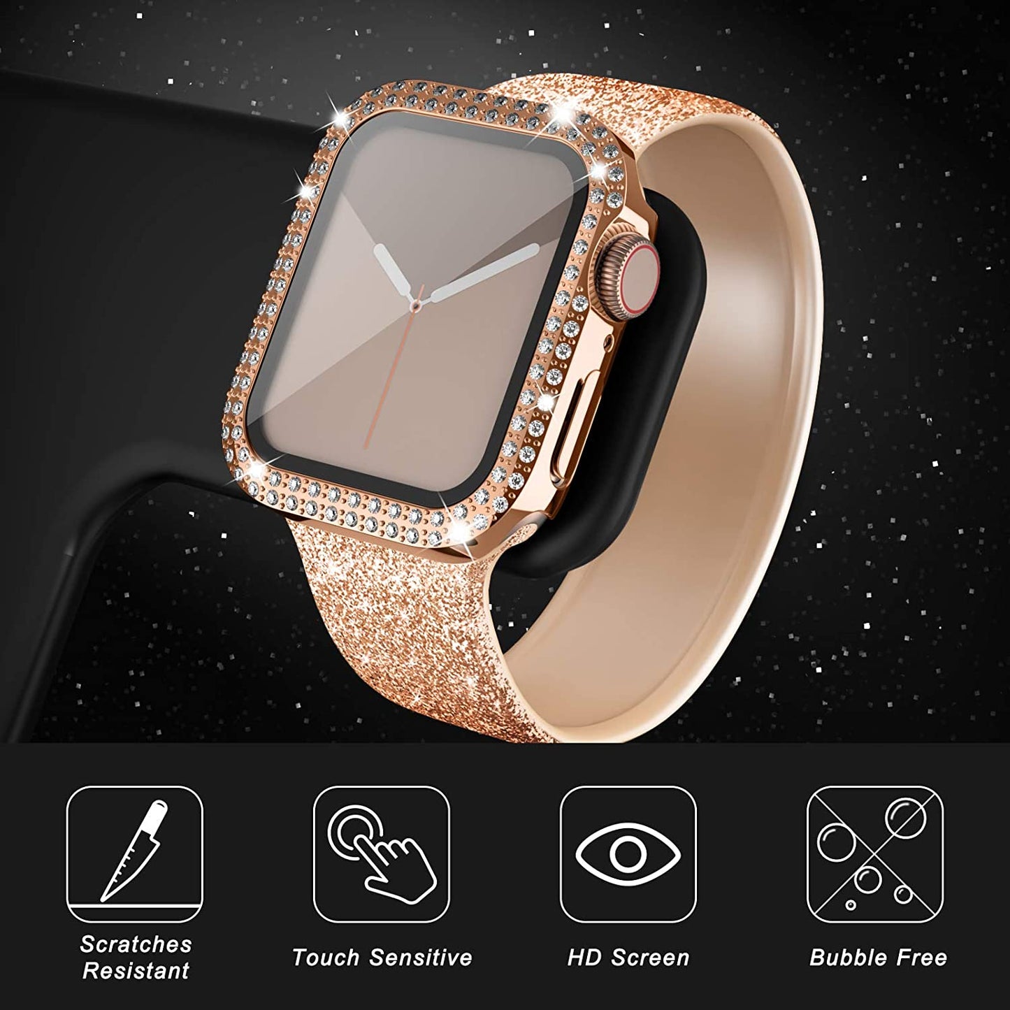 Rhinestone Decor Smart Watch Case Cover with Tempered Glass Screen Protector for Apple Watch Series 4 / 5 / 6 44mm / SE 44mm / SE (2022) 44mm