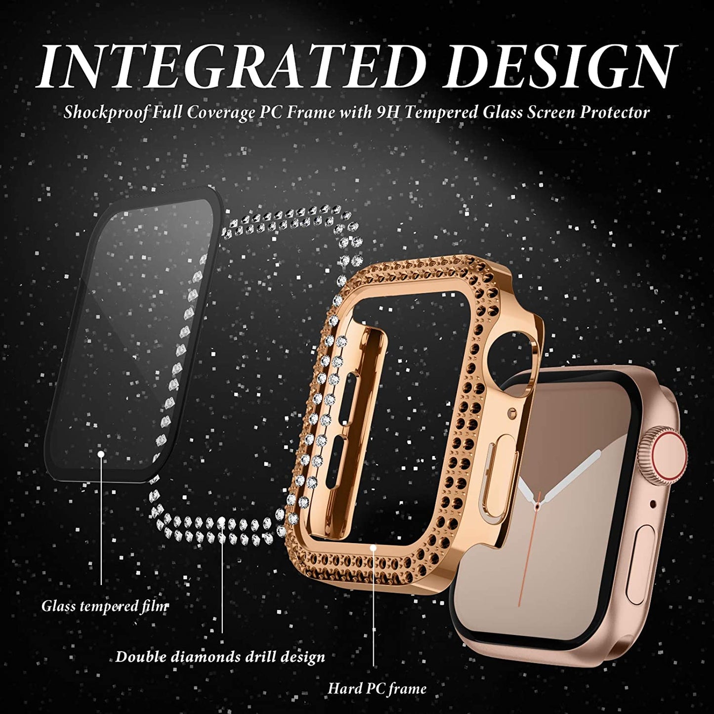 Rhinestone Decor Smart Watch Case Cover with Tempered Glass Screen Protector for Apple Watch Series 4 / 5 / 6 44mm / SE 44mm / SE (2022) 44mm