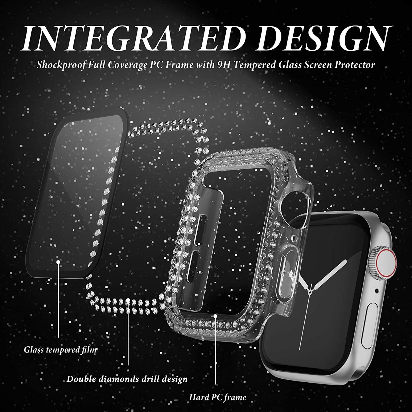 Rhinestone Decor Smart Watch Case Cover with Tempered Glass Screen Protector for Apple Watch Series 4 / 5 / 6 44mm / SE 44mm / SE (2022) 44mm