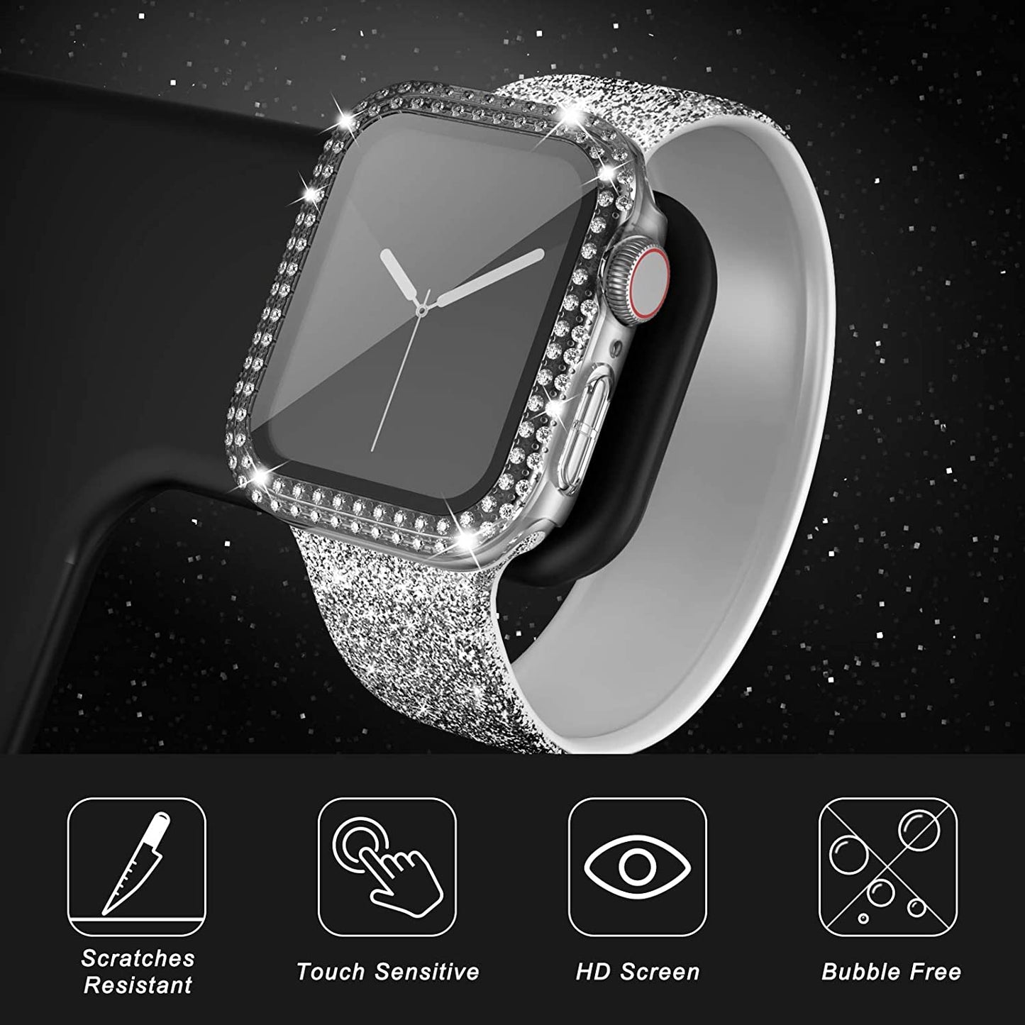 Rhinestone Decor Smart Watch Case Cover with Tempered Glass Screen Protector for Apple Watch Series 4 / 5 / 6 44mm / SE 44mm / SE (2022) 44mm