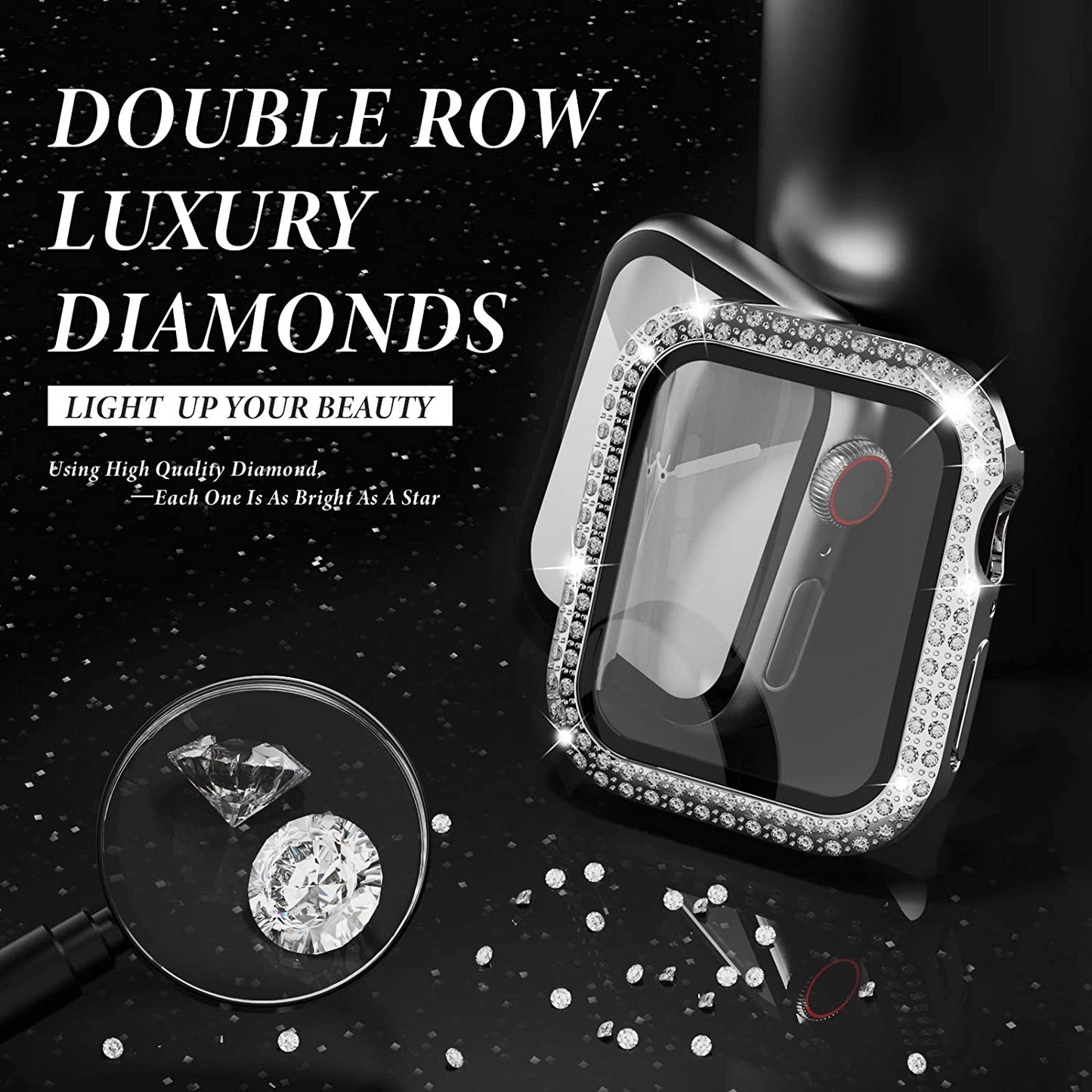 Rhinestone Decor Smart Watch Case Cover with Tempered Glass Screen Protector for Apple Watch Series 4 / 5 / 6 44mm / SE 44mm / SE (2022) 44mm