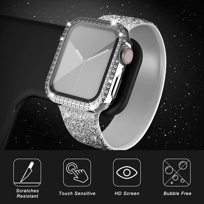 Rhinestone Decor Smart Watch Case Cover with Tempered Glass Screen Protector for Apple Watch Series 4 / 5 / 6 44mm / SE 44mm / SE (2022) 44mm