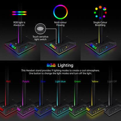 RGB Headphone Desktop Stand Gaming Headset Holder with 3.5mm AUX 2 USB Ports for Bose JBL AKG