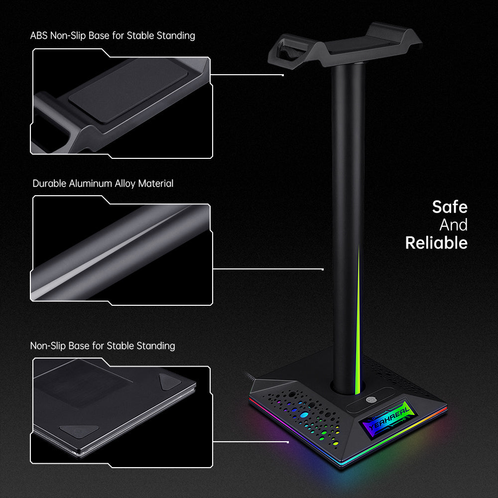 RGB Headphone Desktop Stand Gaming Headset Holder with 3.5mm AUX 2 USB Ports for Bose JBL AKG