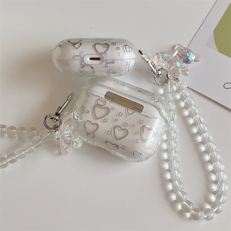 For Apple AirPods Pro Bluetooth Earphone Clear TPU Cover Cute Heart Pattern Electroplating Protective Case with Bear Pendant Bracelet