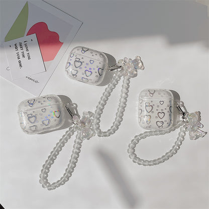 For Apple AirPods Pro Bluetooth Earphone Clear TPU Cover Cute Heart Pattern Electroplating Protective Case with Bear Pendant Bracelet