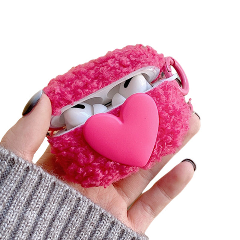 For AirPods Pro 2 Heart Decor Soft Fluff TPU Bluetooth Earphone Case Winter Anti-drop Protective Cover with Ring Buckle