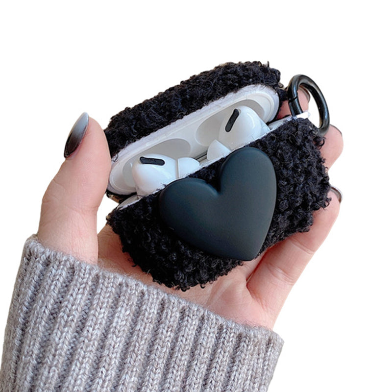 For AirPods Pro 2 Heart Decor Soft Fluff TPU Bluetooth Earphone Case Winter Anti-drop Protective Cover with Ring Buckle