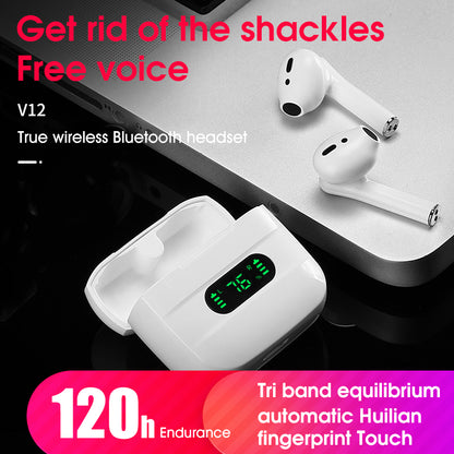 V12 Wireless Bluetooth Earphones Half In-Ear Earbuds Stereo Headset with Digital Display Charge Case