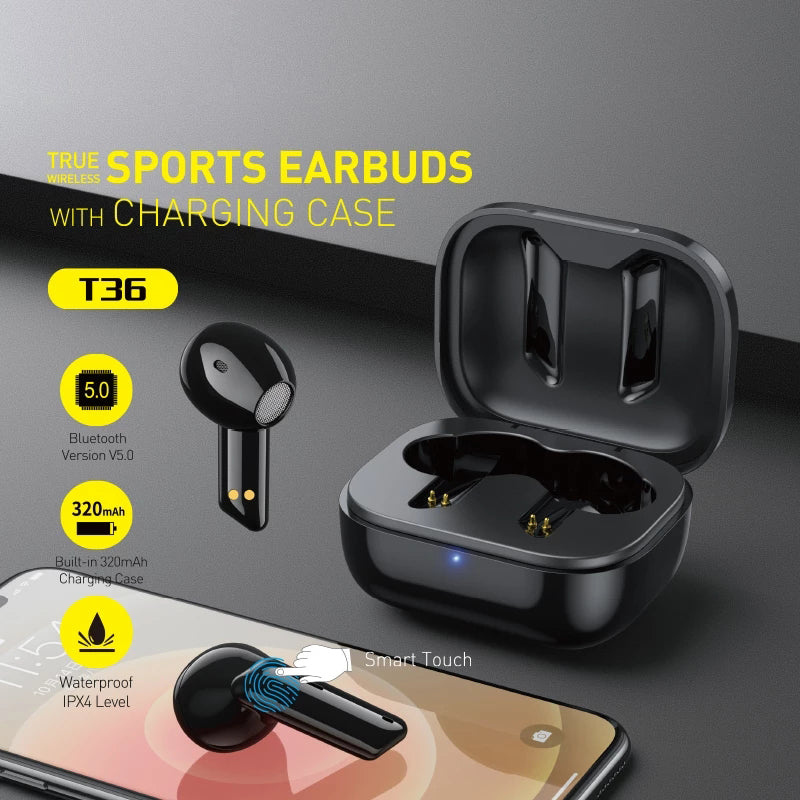 AWEI T36 TWS Bluetooth 5.0 Earphone Wireless Sport Waterproof Touch Stereo Headset with Mic