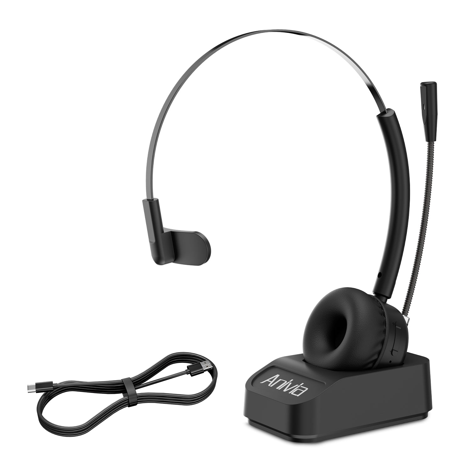 ANIVIA A8 Single Ear Bluetooth 5.0 Wireless Headphone Call Center Headset with Noise Cancelling Microphone and Charging Dock