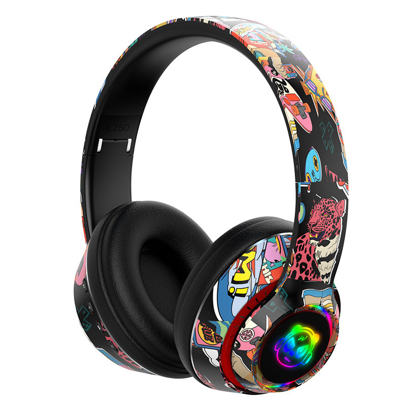 L750 Bluetooth Headset Cool Graffiti Headphone with LED Light Earphone Support TF Card/3.5mm Audio Wired for Mobile Phone Computer Laptop