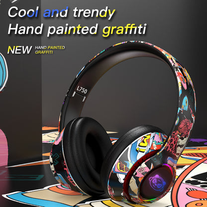 L750 Bluetooth Headset Cool Graffiti Headphone with LED Light Earphone Support TF Card/3.5mm Audio Wired for Mobile Phone Computer Laptop