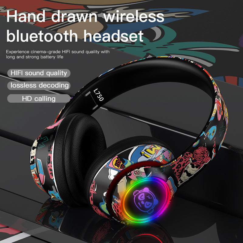 L750 Bluetooth Headset Cool Graffiti Headphone with LED Light Earphone Support TF Card/3.5mm Audio Wired for Mobile Phone Computer Laptop