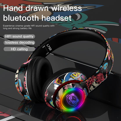 L750 Bluetooth Headset Cool Graffiti Headphone with LED Light Earphone Support TF Card/3.5mm Audio Wired for Mobile Phone Computer Laptop