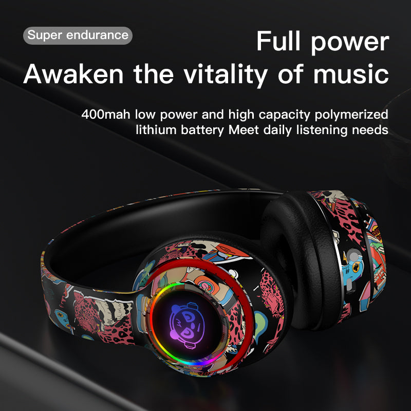 L750 Bluetooth Headset Cool Graffiti Headphone with LED Light Earphone Support TF Card/3.5mm Audio Wired for Mobile Phone Computer Laptop