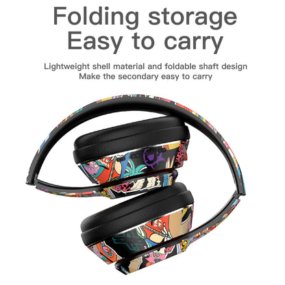 L750 Bluetooth Headset Cool Graffiti Headphone with LED Light Earphone Support TF Card/3.5mm Audio Wired for Mobile Phone Computer Laptop