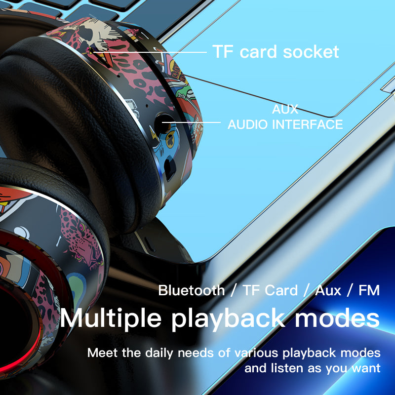 L750 Bluetooth Headset Cool Graffiti Headphone with LED Light Earphone Support TF Card/3.5mm Audio Wired for Mobile Phone Computer Laptop