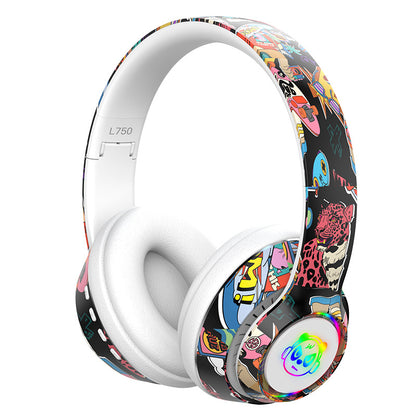 L750 Bluetooth Headset Cool Graffiti Headphone with LED Light Earphone Support TF Card/3.5mm Audio Wired for Mobile Phone Computer Laptop