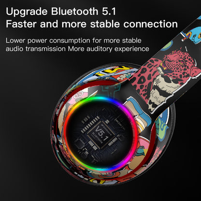 L750 Bluetooth Headset Cool Graffiti Headphone with LED Light Earphone Support TF Card/3.5mm Audio Wired for Mobile Phone Computer Laptop