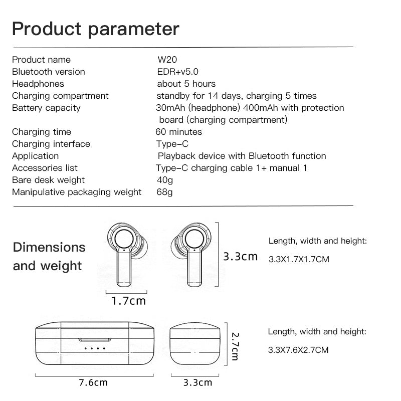 JSM-W20 TWS Bluetooth 5.0 Earphones Noise Cancelling Stereo In-ear Earbuds Smart Touch Waterproof Headphone