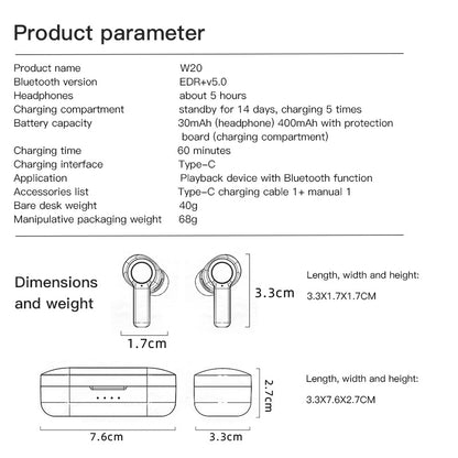 JSM-W20 TWS Bluetooth 5.0 Earphones Noise Cancelling Stereo In-ear Earbuds Smart Touch Waterproof Headphone