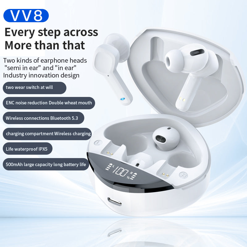 VV8 TWS Bluetooth 5.3 Wireless Earphone Stereo Sound Noise Reduction Low Delay Sports Headset with Charging Case