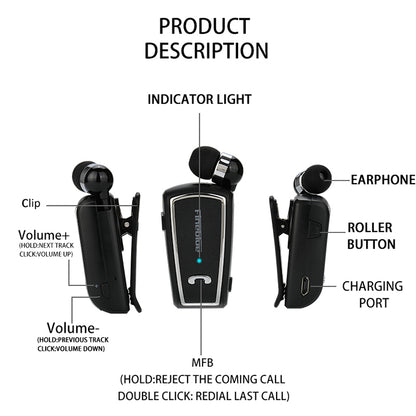 FINEBLUE F-V3 Business Lavalier Bluetooth Headset Portable One-key Retraction Collar Clip-on HD Call Music Earphone