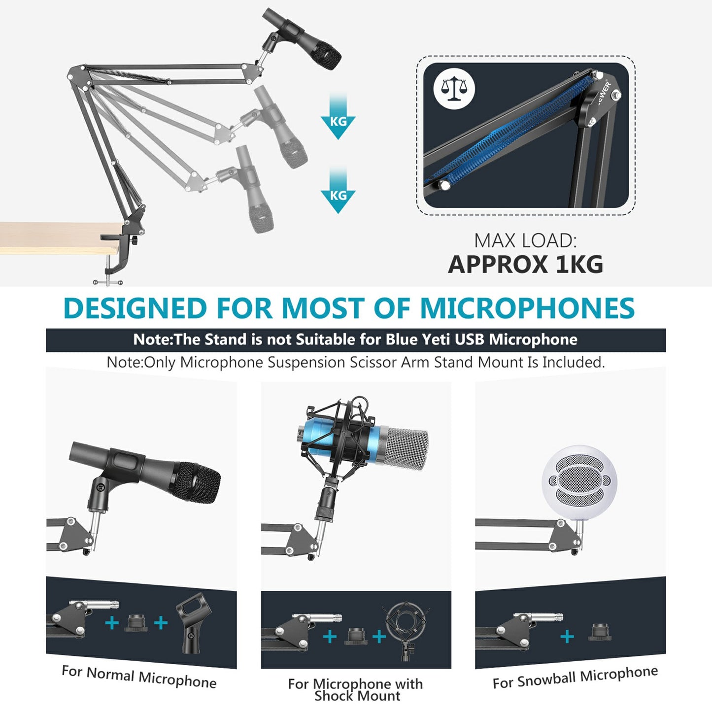 NEEWER Recording Microphone Extendable Stand Shockproof Microphone Clip Scissor Arm Table Mount Clamp