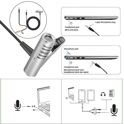 YANMAI R933 Professional Clip-on Lapel Mic Lavalier Omni-directional Double Condenser Microphone Silver