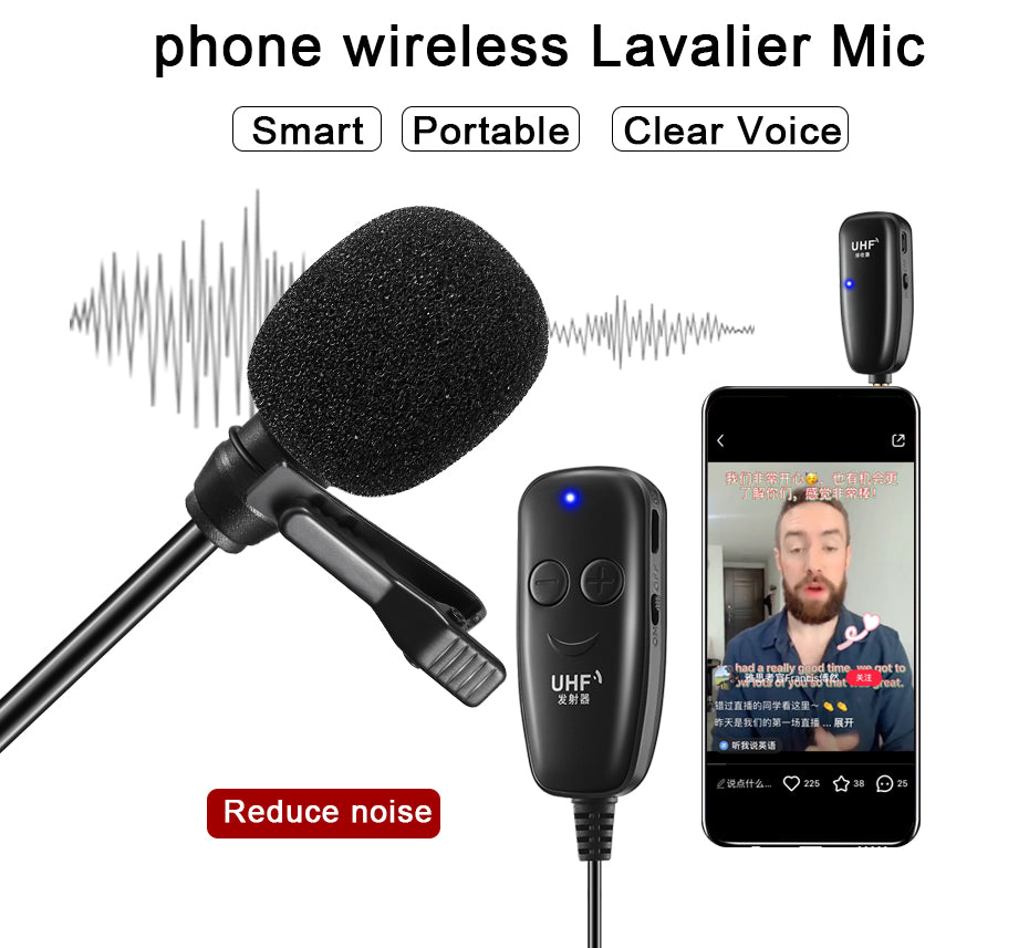 UHF 50m Wireless Lavalier Lapel Microphone Interview Voice Recording Mic System for iPhone Android DSLR Camera