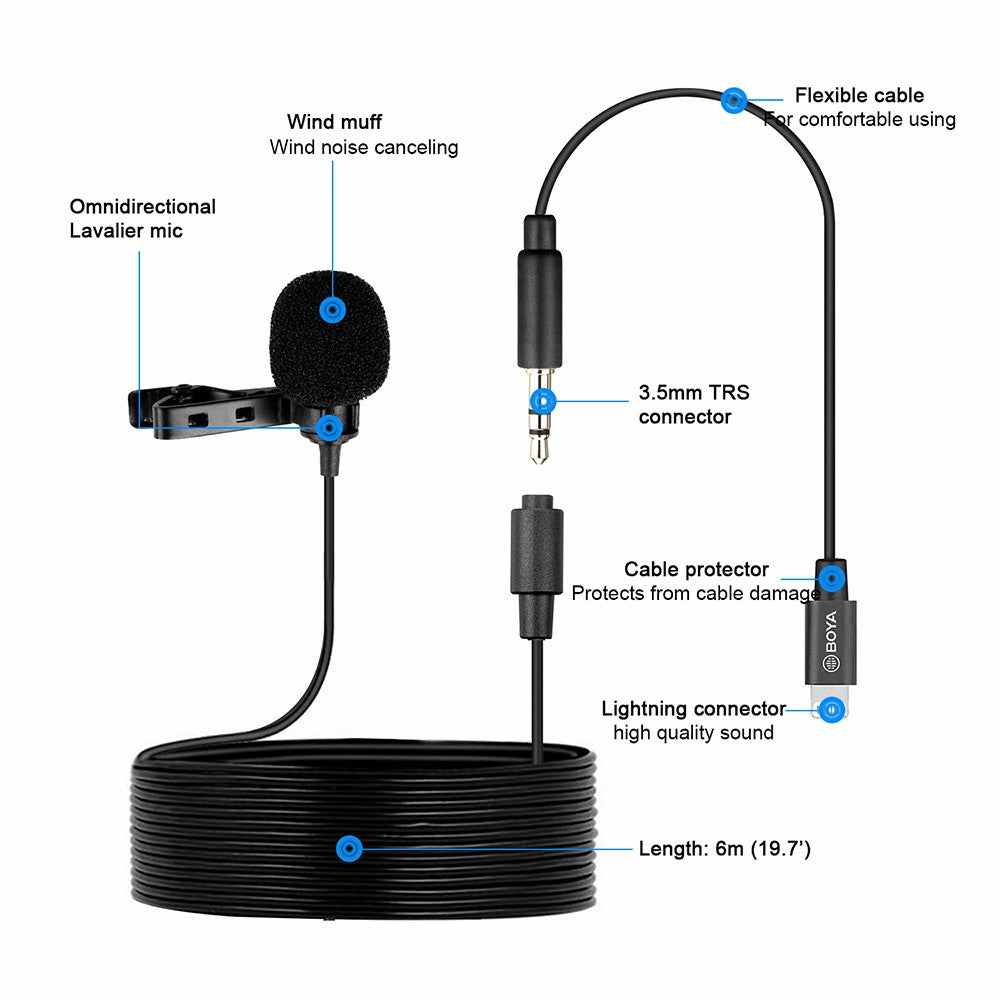 BOYA BY-M2 Lavalier Microphone Omnidirectional Condenser Mic with 3.5mm TRS Cable Detachable Single Head for iOS Smartphone